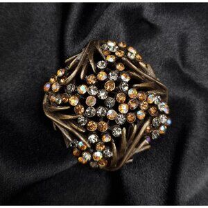 Vintage KARU Signed Brooch Floral Design With Rhinestones & Bronze Metal Finish